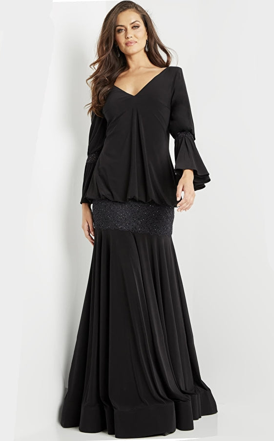 Long Black Backless Long Sleeve Evening Dress